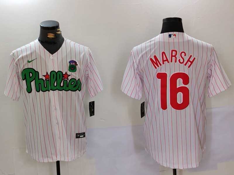 Mens Philadelphia Phillies #16 Brandon Marsh White Green Cool Base Stitched Jersey